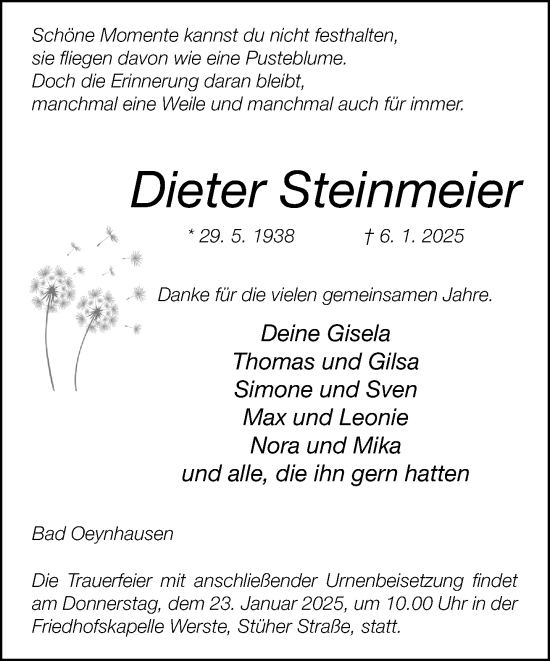 Traueranzeige von Dieter Steinmeier von Neue Westfälische und Westfalen-Blatt