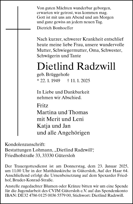 Traueranzeige von Dietlind Radzwill von Neue Westfälische und Westfalen-Blatt