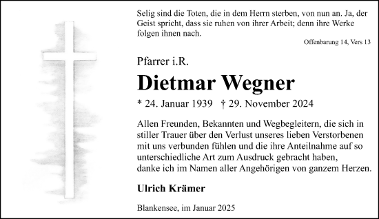 Traueranzeige von Dietmar Wegner von Neue Westfälische und Westfalen-Blatt