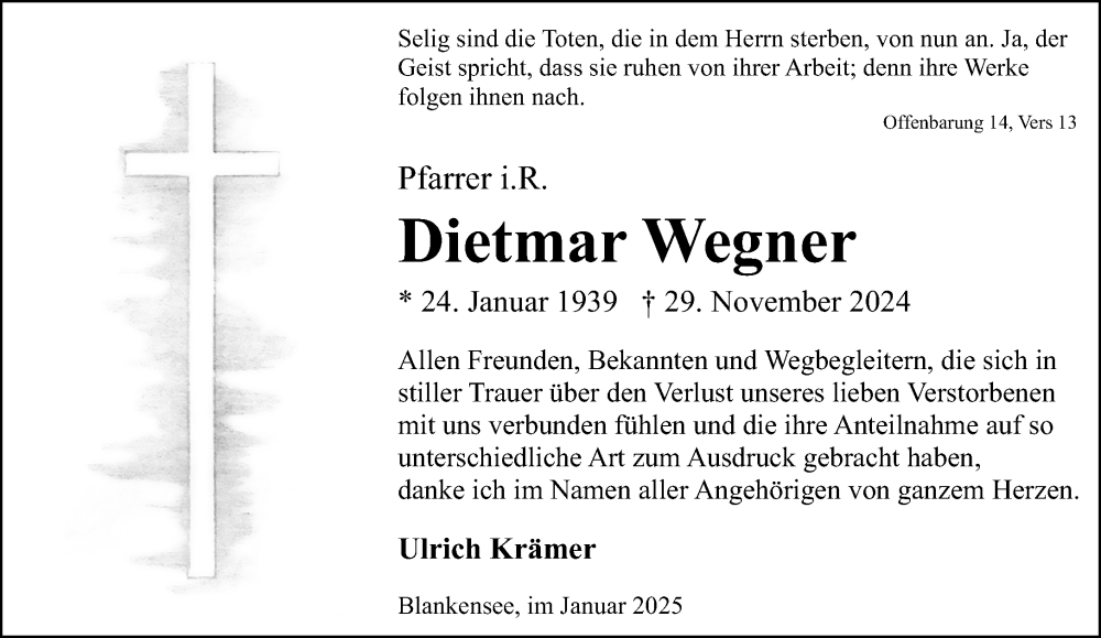  Traueranzeige für Dietmar Wegner vom 18.01.2025 aus Neue Westfälische und Westfalen-Blatt