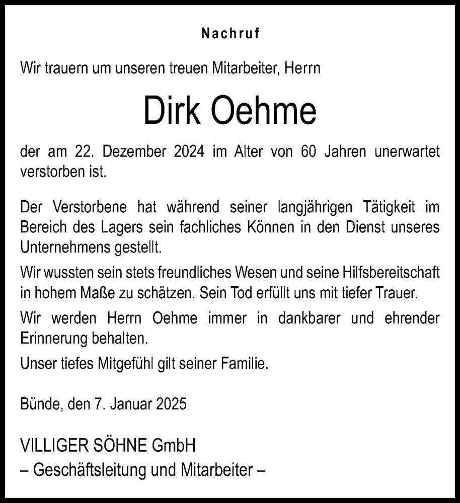  Traueranzeige für Dirk Oehme vom 11.01.2025 aus Neue Westfälische
