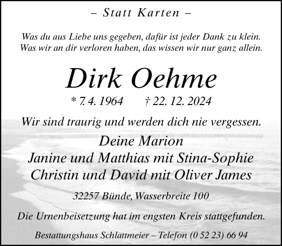Traueranzeige von Dirk Oehme von Neue Westfälische