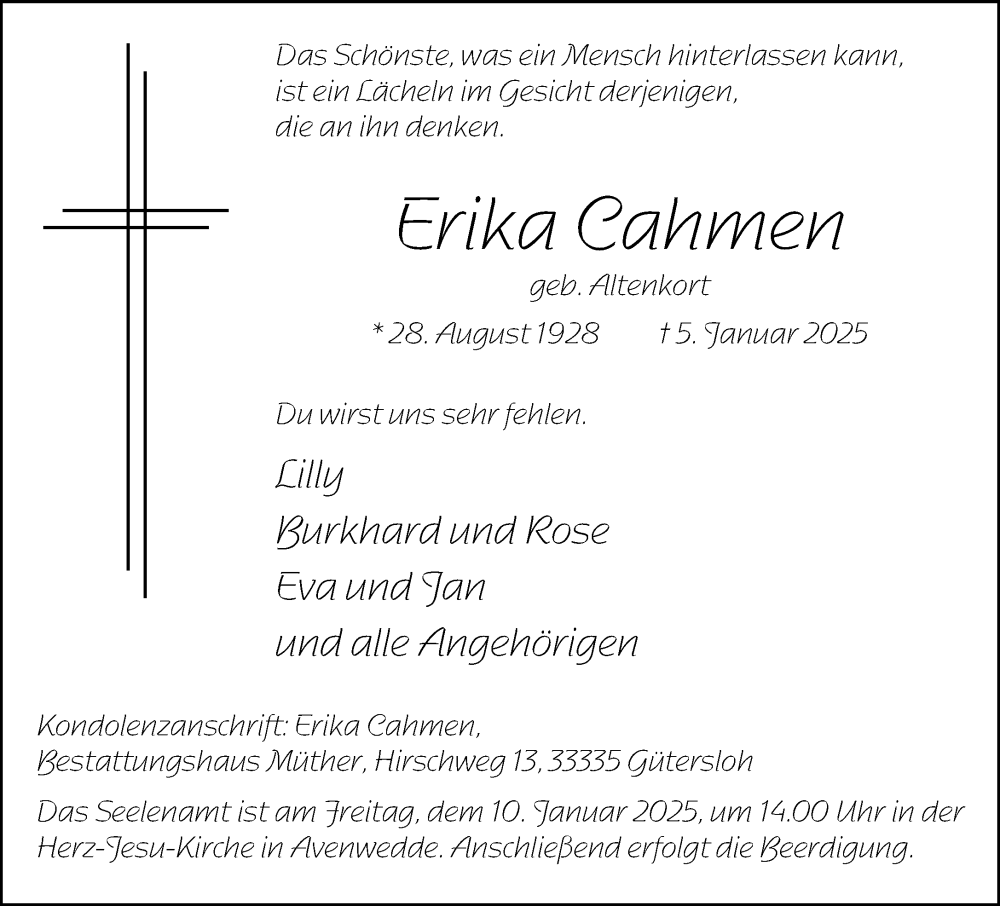  Traueranzeige für Erika Cahmen vom 08.01.2025 aus Neue Westfälische