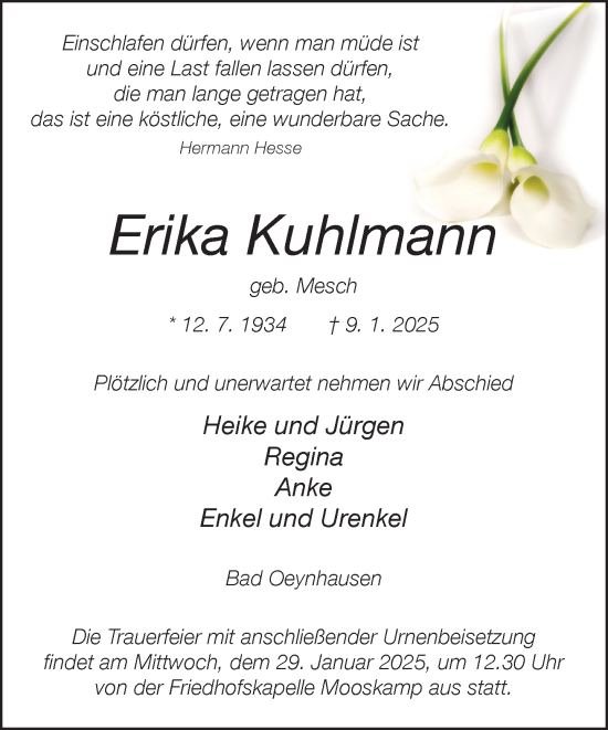 Traueranzeige von Erika Kuhlmann von Neue Westfälische und Westfalen-Blatt