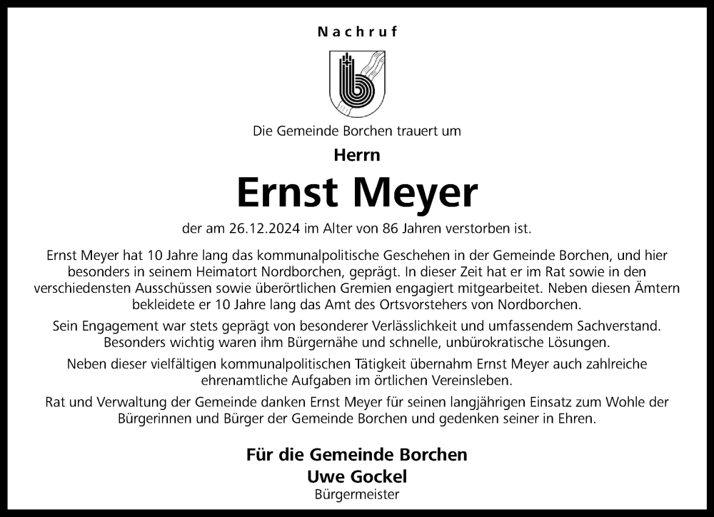  Traueranzeige für Ernst Meyer vom 04.01.2025 aus Neue Westfälische