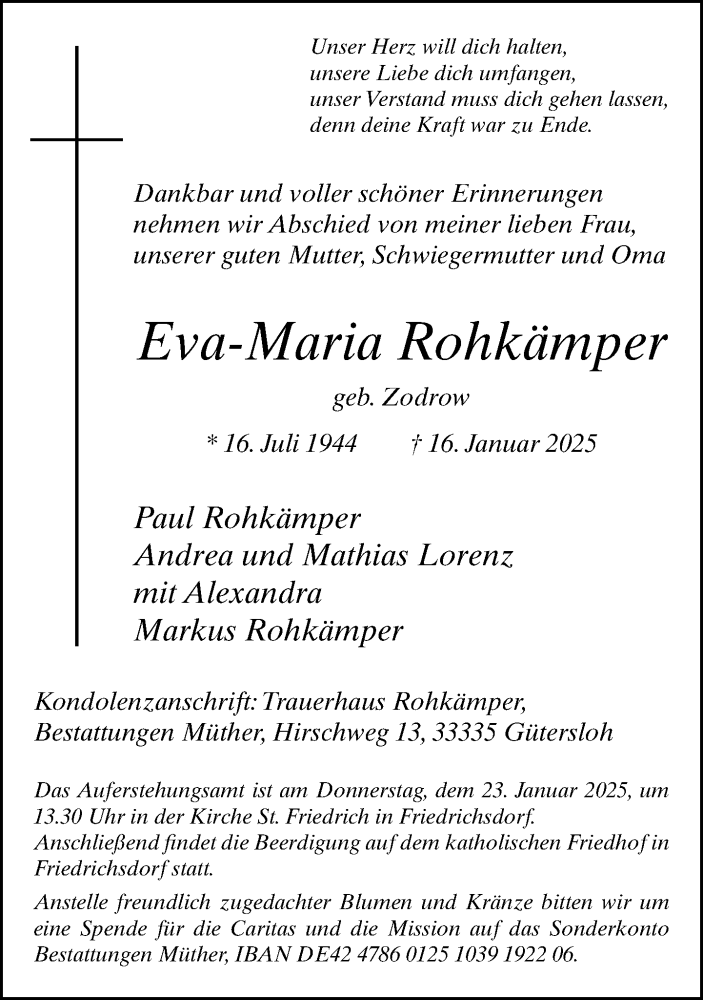  Traueranzeige für Eva-Maria Rohkämper vom 21.01.2025 aus Neue Westfälische und Westfalen-Blatt