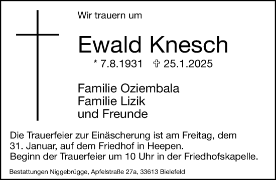 Traueranzeige von Ewald Knesch von Neue Westfälische und Westfalen-Blatt