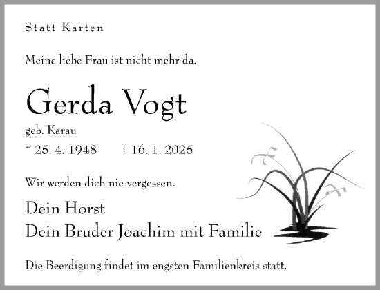 Traueranzeige von Gerda Vogt von Neue Westfälische und Westfalen-Blatt