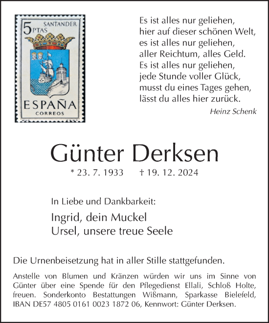 Traueranzeige von Günter Derksen von Neue Westfälische