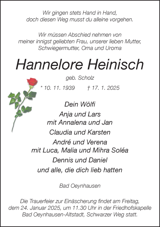 Traueranzeige von Hannelore Heinisch von Neue Westfälische und Westfalen-Blatt