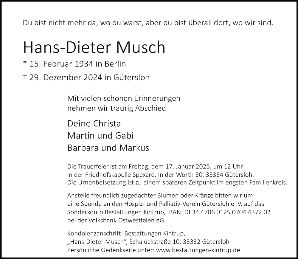  Traueranzeige für Hans-Dieter Musch vom 04.01.2025 aus Neue Westfälische