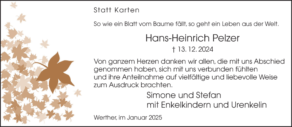  Traueranzeige für Hans-Heinrich Pelzer vom 25.01.2025 aus Neue Westfälische und Westfalen-Blatt