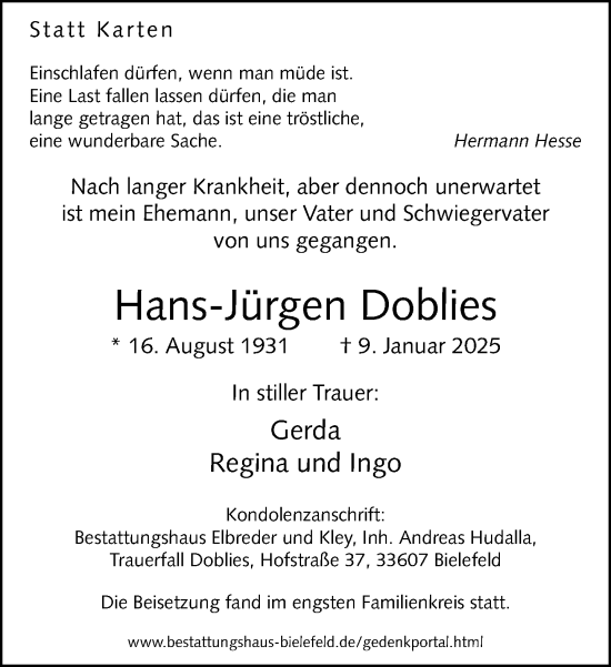 Traueranzeige von Hans-Jürgen Doblies von Neue Westfälische und Westfalen-Blatt