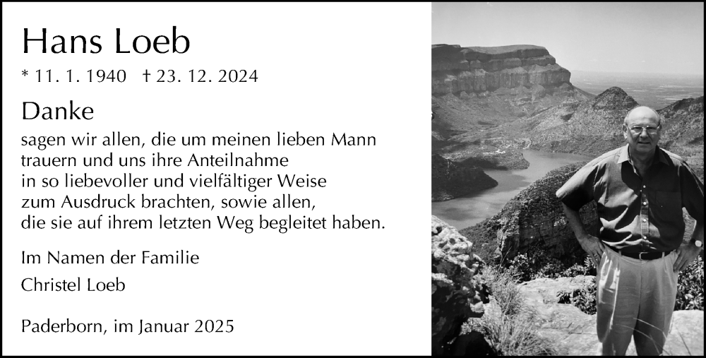  Traueranzeige für Hans Loeb vom 18.01.2025 aus Neue Westfälische und Westfalen-Blatt
