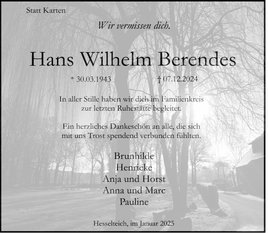 Traueranzeige von Hans Wilhelm Berendes von Neue Westfälische und Westfalen-Blatt