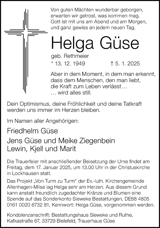 Traueranzeige von Helga Güse von Neue Westfälische