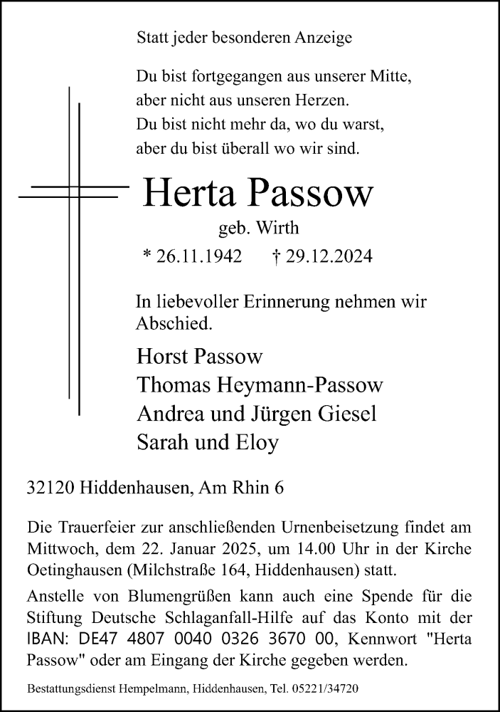  Traueranzeige für Herta Passow vom 11.01.2025 aus Neue Westfälische