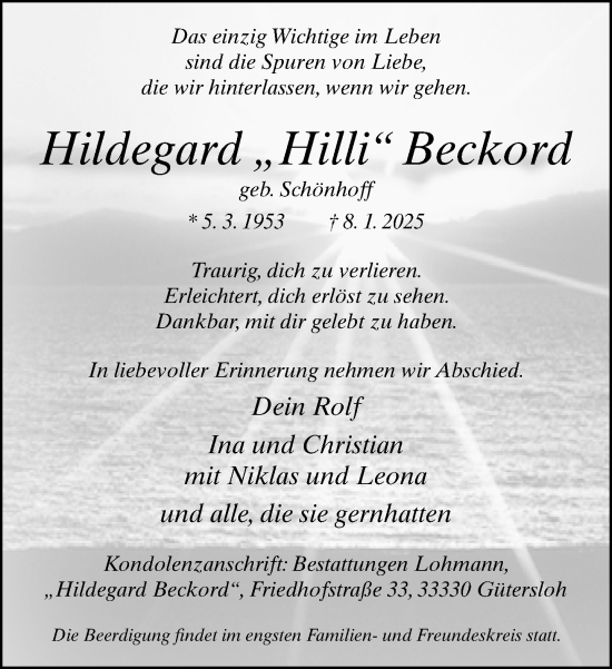 Traueranzeige von Hildegard Beckord von Neue Westfälische und Westfalen-Blatt