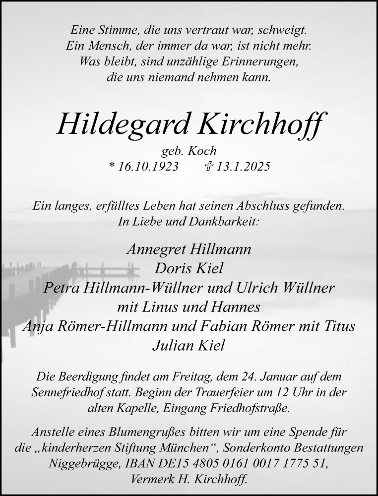  Traueranzeige für Hildegard Kirchhoff vom 18.01.2025 aus Neue Westfälische und Westfalen-Blatt