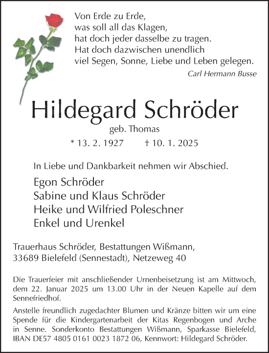 Traueranzeige von Hildegard Schröder von Neue Westfälische und Westfalen-Blatt