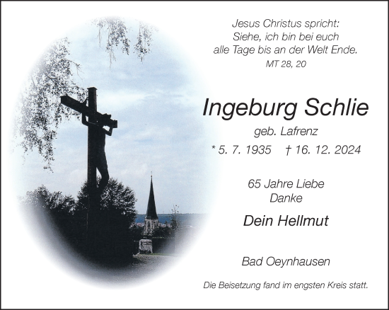 Traueranzeige von Ingeburg Schlie von Neue Westfälische und Westfalen-Blatt