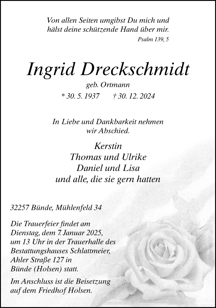  Traueranzeige für Ingrid Dreckschmidt vom 04.01.2025 aus Neue Westfälische