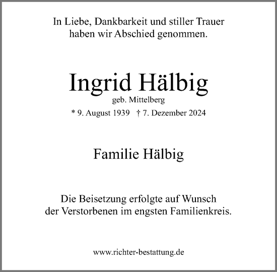 Traueranzeige von Ingrid Hälbig von Neue Westfälische und Westfalen-Blatt