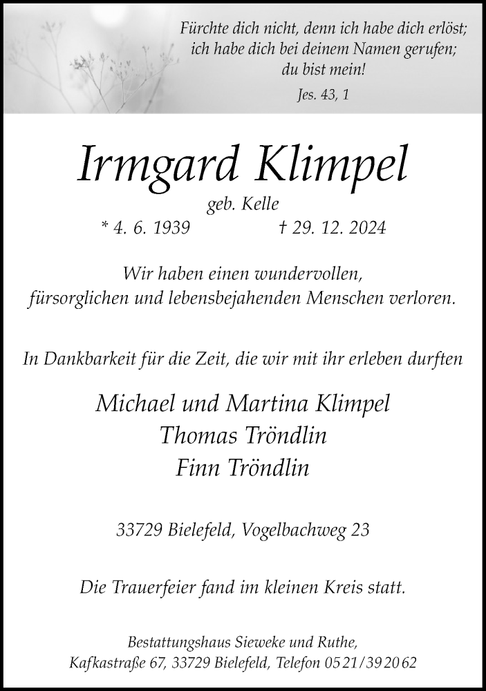  Traueranzeige für Irmgard Klimpel vom 11.01.2025 aus Neue Westfälische
