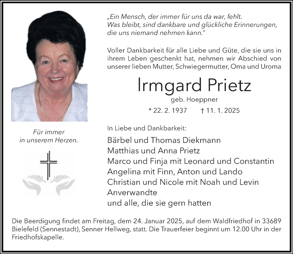  Traueranzeige für Irmgard Prietz vom 18.01.2025 aus Neue Westfälische und Westfalen-Blatt