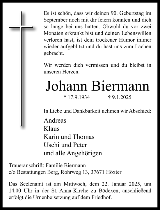Traueranzeige von Johann Biermann von Neue Westfälische und Westfalen-Blatt