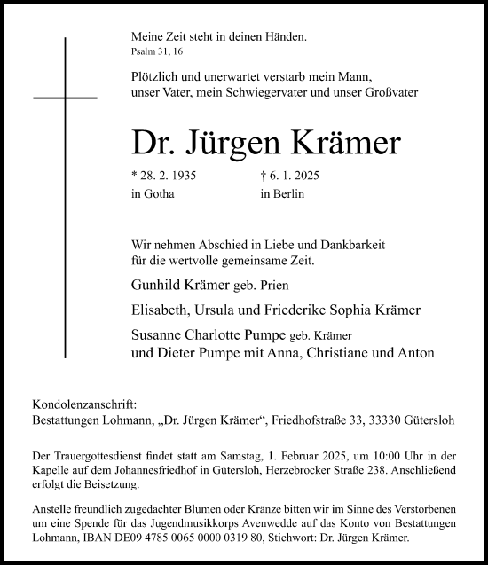 Traueranzeige von Jürgen Krämer von Neue Westfälische und Westfalen-Blatt