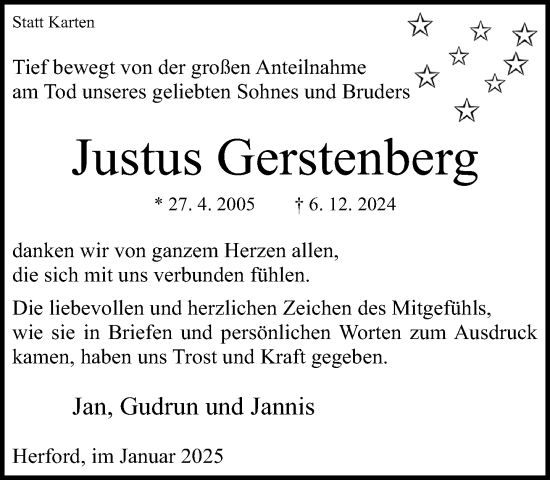 Traueranzeige von Justus Gerstenberg von Neue Westfälische