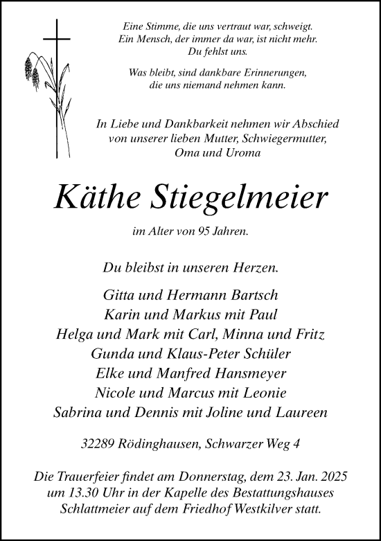 Traueranzeige von Käthe Stiegelmeier von Neue Westfälische und Westfalen-Blatt