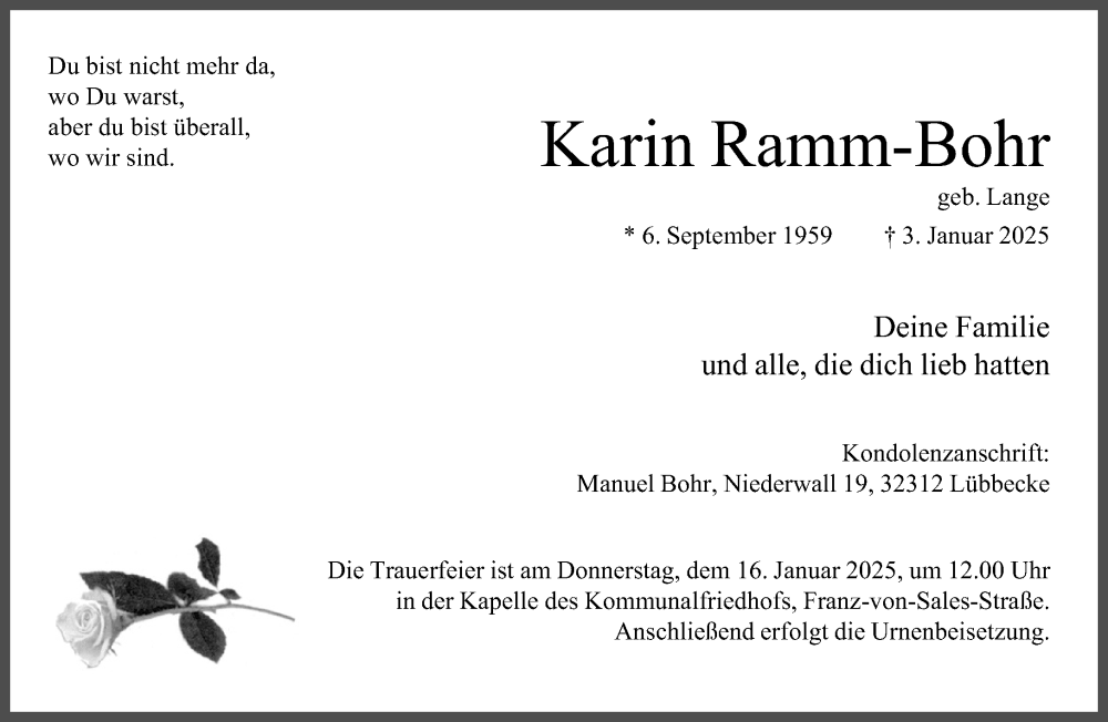  Traueranzeige für Karin Ramm-Bohr vom 09.01.2025 aus Neue Westfälische