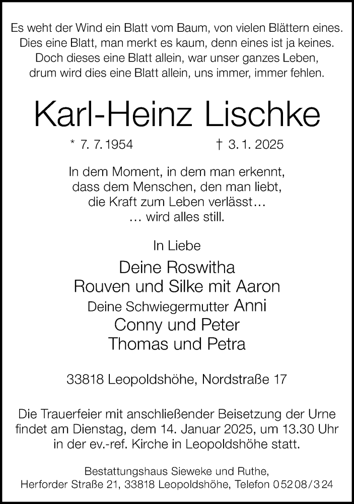  Traueranzeige für Karl-Heinz Lischke vom 11.01.2025 aus Neue Westfälische