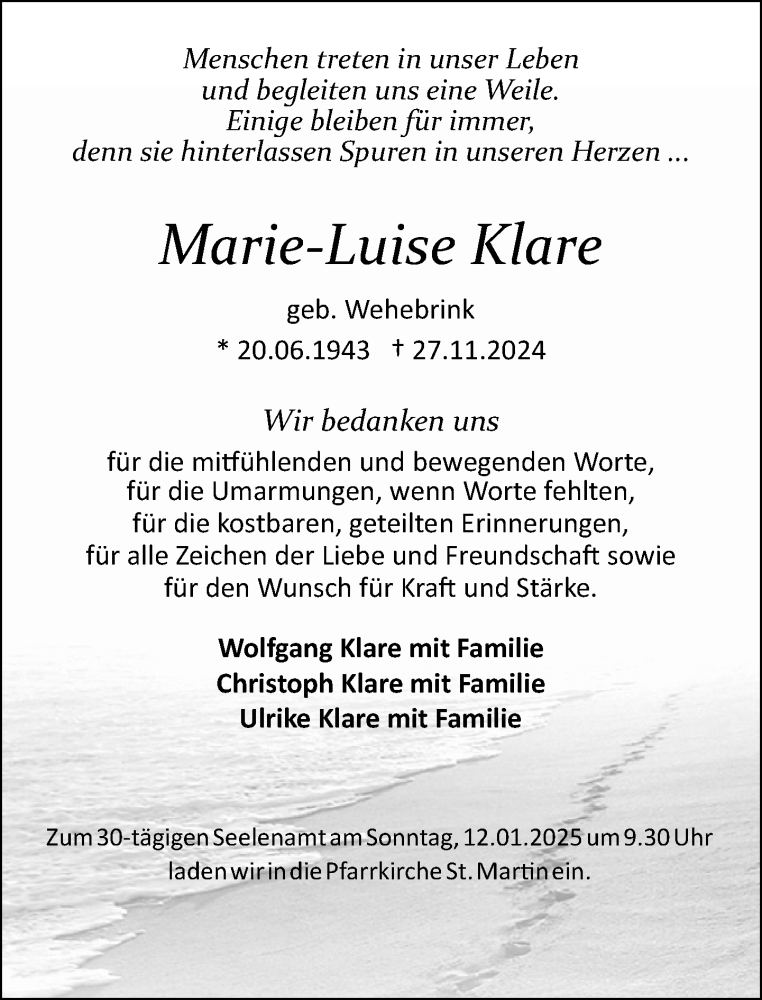  Traueranzeige für Marie-Luise Klare vom 04.01.2025 aus Neue Westfälische