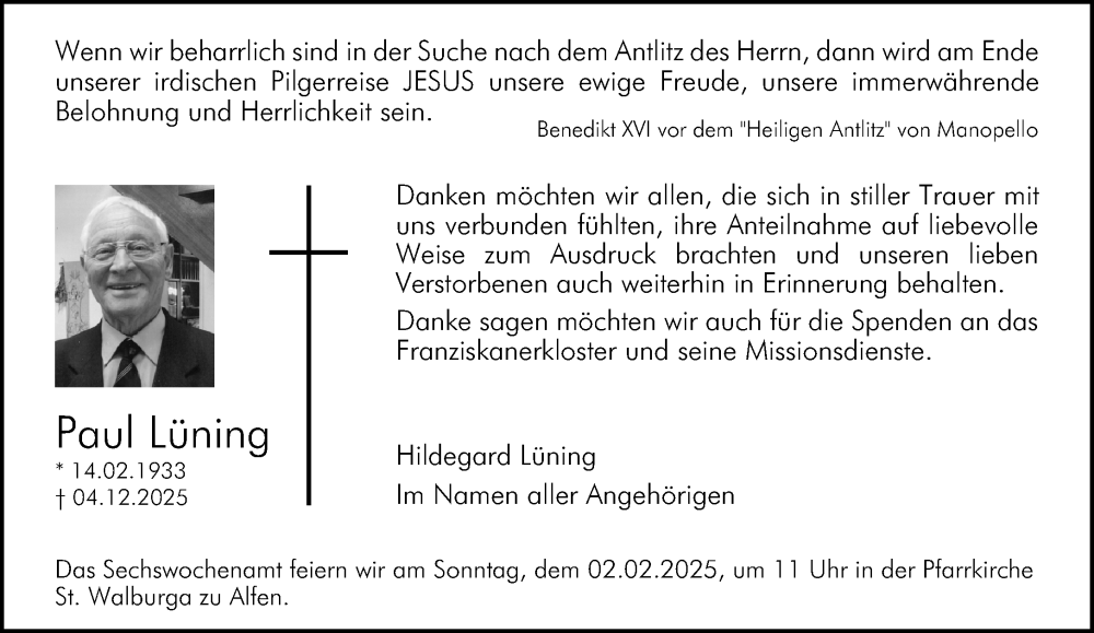  Traueranzeige für Paul Lüning vom 25.01.2025 aus Neue Westfälische und Westfalen-Blatt