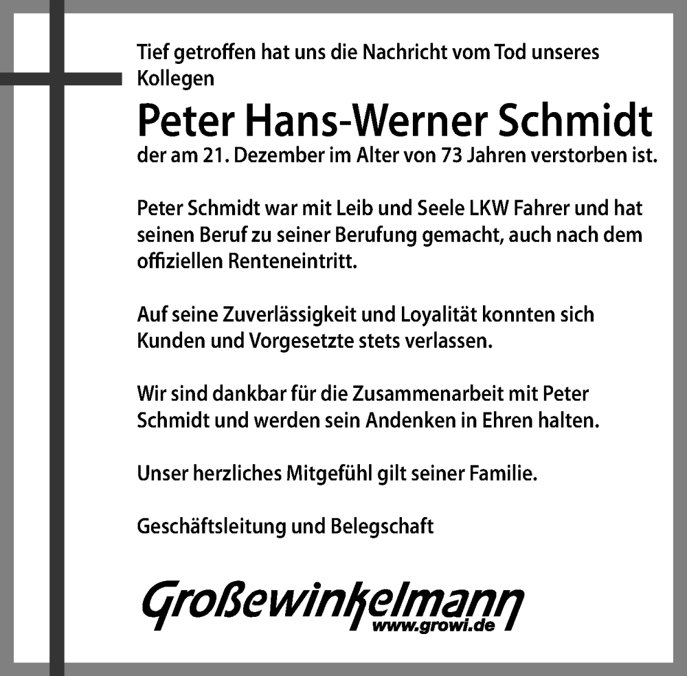  Traueranzeige für Peter Hans-Werner Schmidt vom 04.01.2025 aus Neue Westfälische