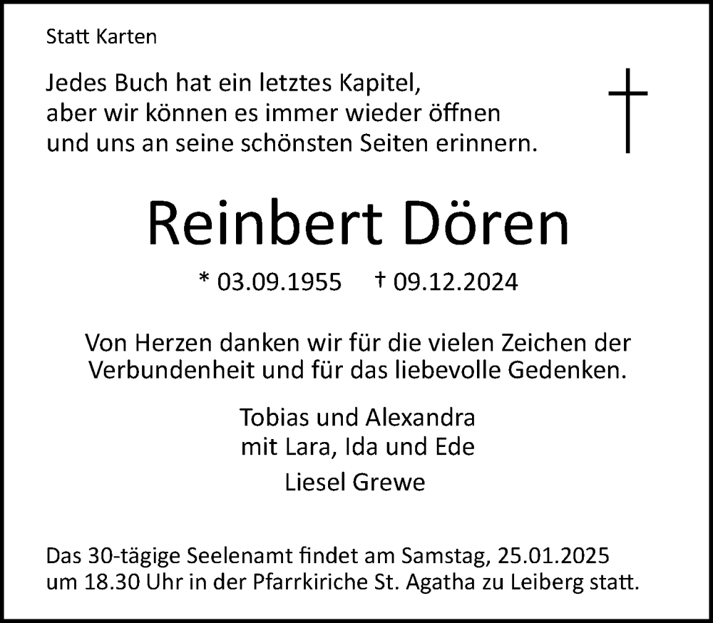  Traueranzeige für Reinbert Dören vom 11.01.2025 aus Neue Westfälische