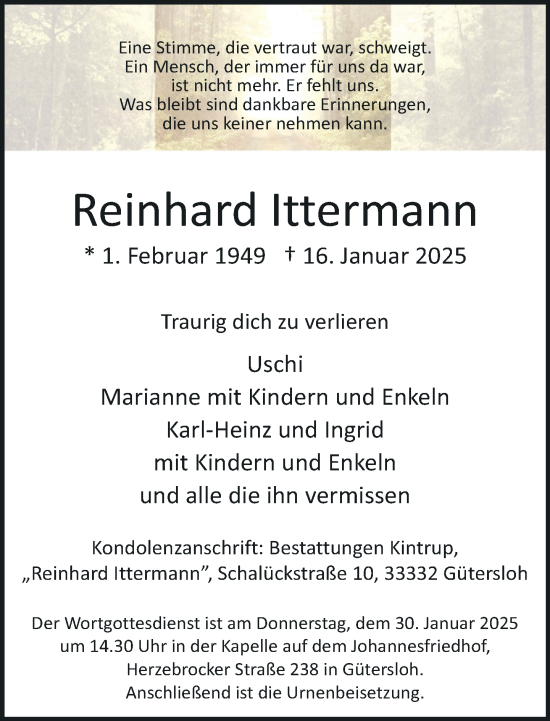 Traueranzeige von Reinhard Ittermann von Neue Westfälische und Westfalen-Blatt