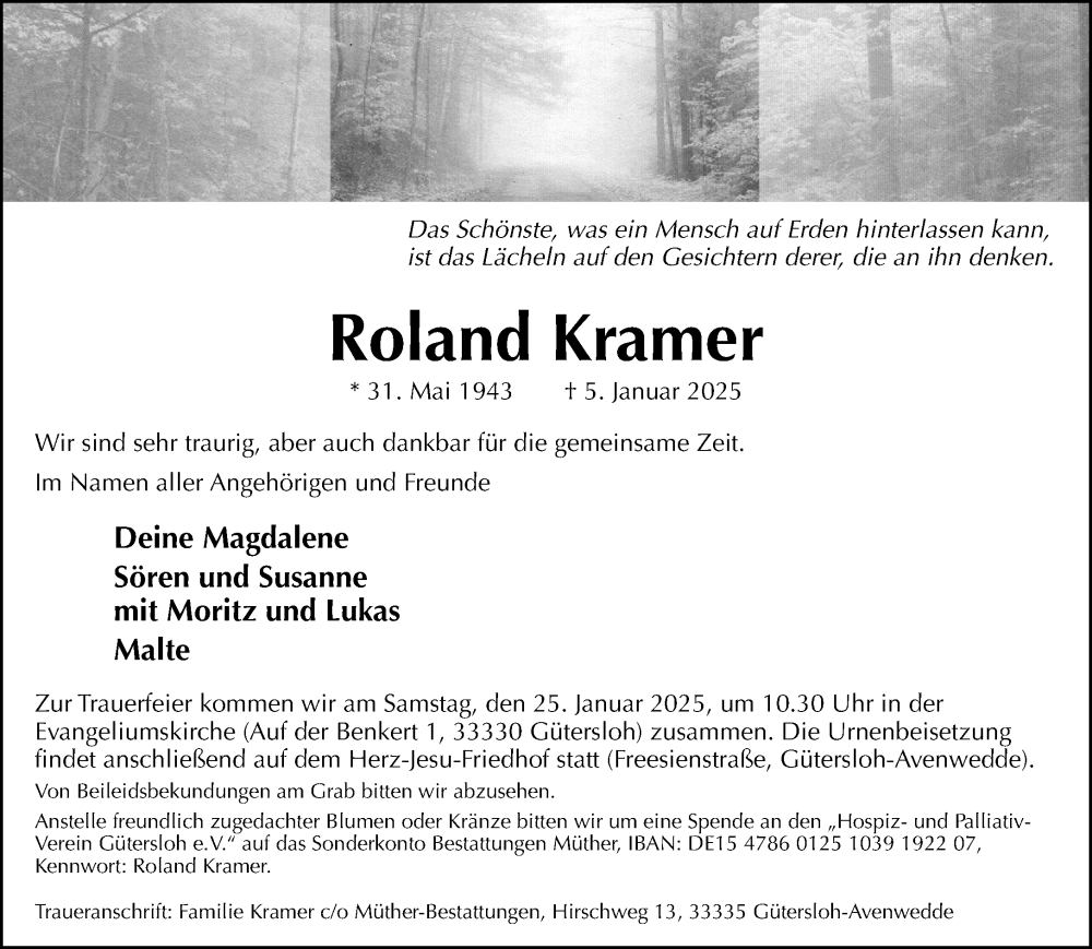  Traueranzeige für Roland Kramer vom 18.01.2025 aus Neue Westfälische und Westfalen-Blatt