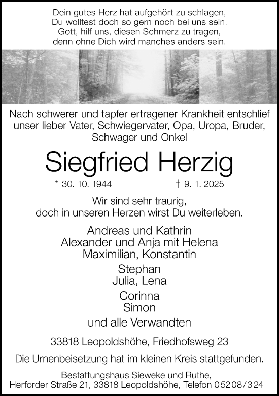 Traueranzeige von Siegfried Herzig von Neue Westfälische und Westfalen-Blatt
