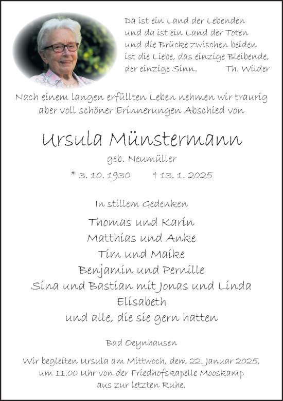 Traueranzeige von Ursula Münstermann von Neue Westfälische und Westfalen-Blatt
