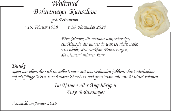 Traueranzeige von Waltraud Bohnemeyer-Kunstleve von Neue Westfälische