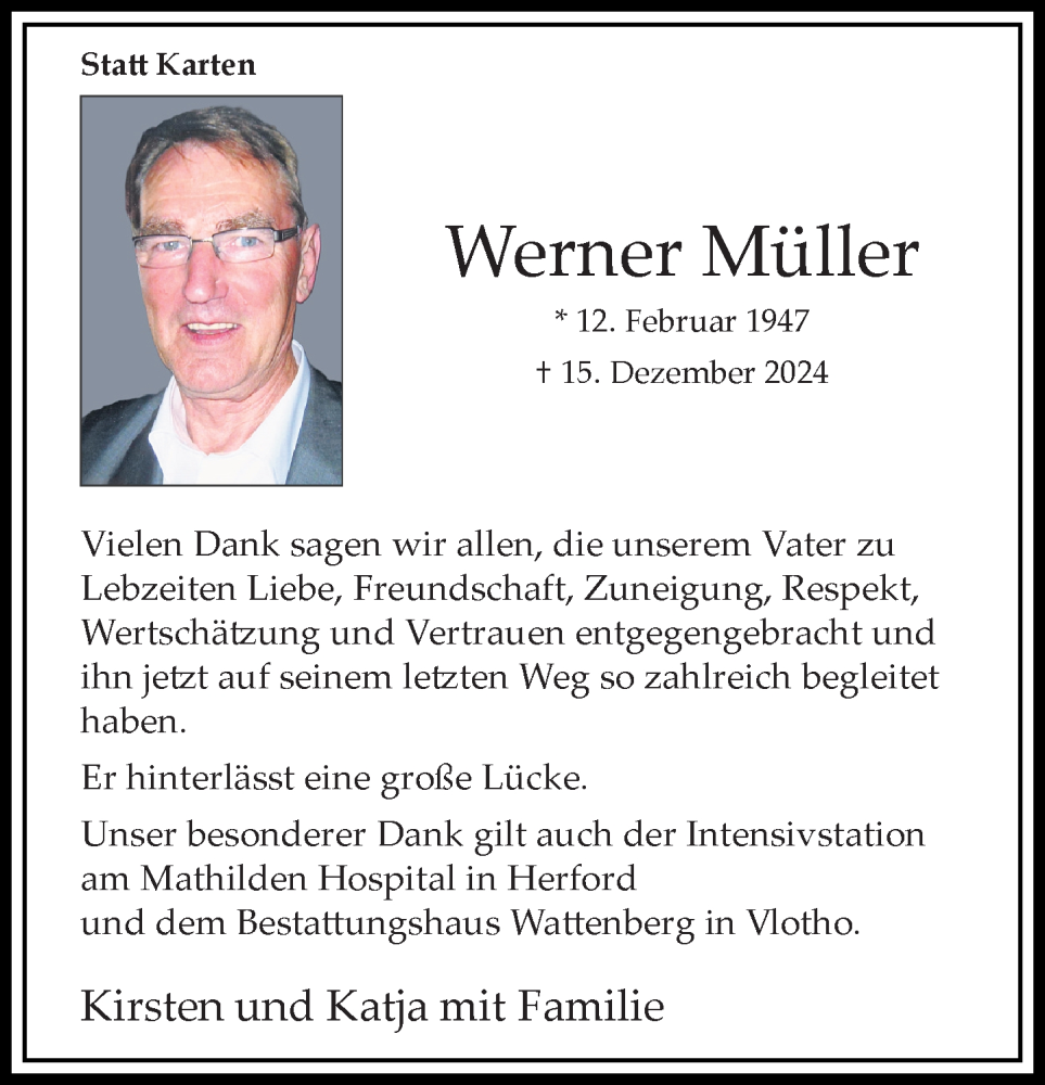  Traueranzeige für Werner Müller vom 11.01.2025 aus Neue Westfälische