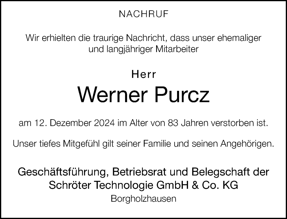  Traueranzeige für Werner Purcz vom 10.01.2025 aus Neue Westfälische