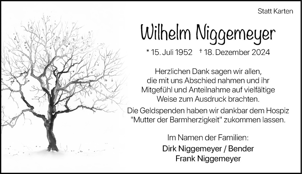  Traueranzeige für Wilhelm Niggemeyer vom 25.01.2025 aus Neue Westfälische und Westfalen-Blatt