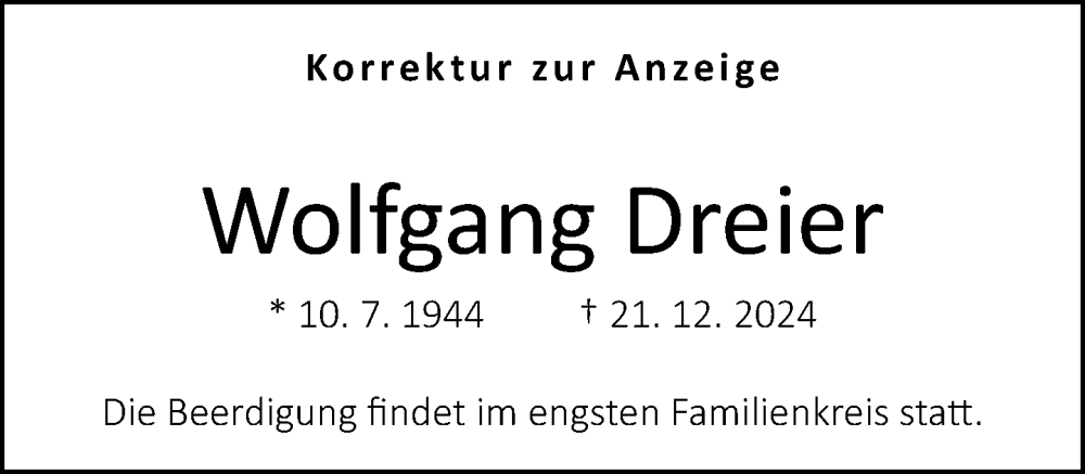  Traueranzeige für Wolfgang Dreier vom 07.01.2025 aus Neue Westfälische