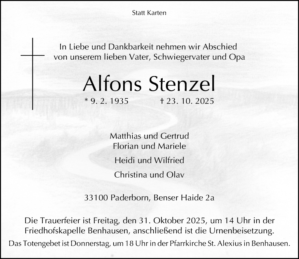  Traueranzeige für Alfons Stenzel vom 25.10.2025 aus Neue Westfälische und Westfalen-Blatt