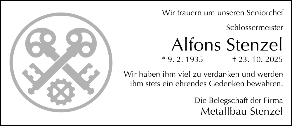  Traueranzeige für Alfons Stenzel vom 25.10.2025 aus Neue Westfälische und Westfalen-Blatt